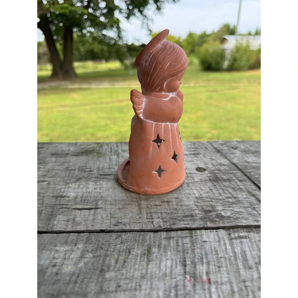 Terracotta Angel Candle Holder Tea Light Votive Star Cutouts Rustic Clay Decor